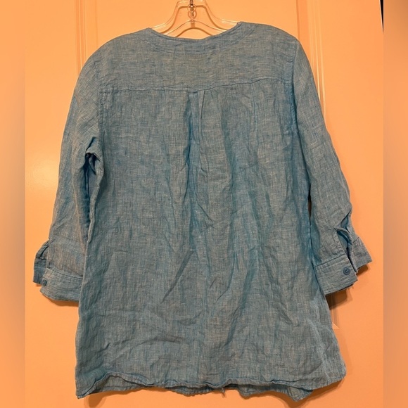Orvis Teal Blue Linen Cuffed Sleeve Button Down Shirt, Size Medium - Picture 2 of 10